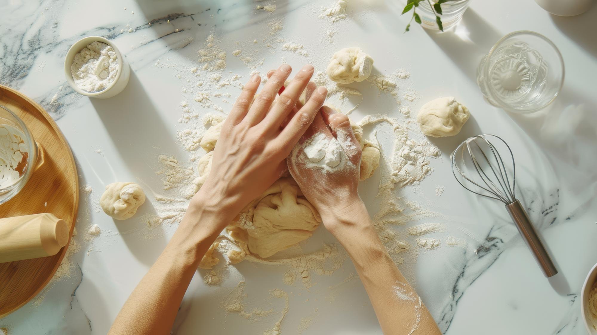 Close-up of hands kneading dough on marble
